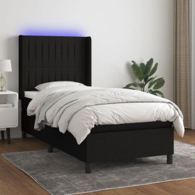 Cama box spring colchón y luces LED tela negro 90x190