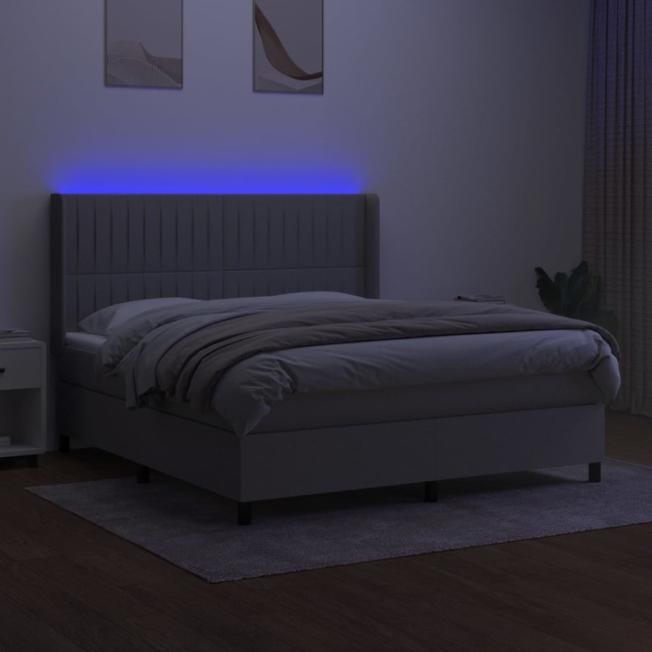 Cama box spring colchón y luces LED tela gris claro 160x200