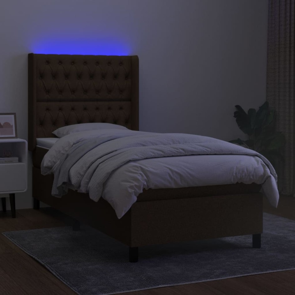 Cama box spring colchón y luces LED tela marrón oscuro