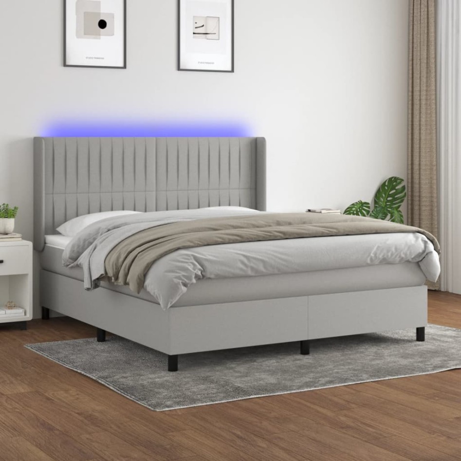Cama box spring colchón y luces LED tela gris claro 180x200