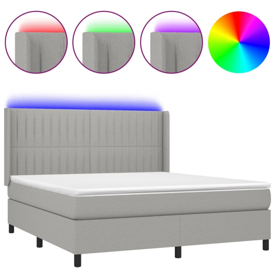 Cama box spring colchón y luces LED tela gris claro 180x200