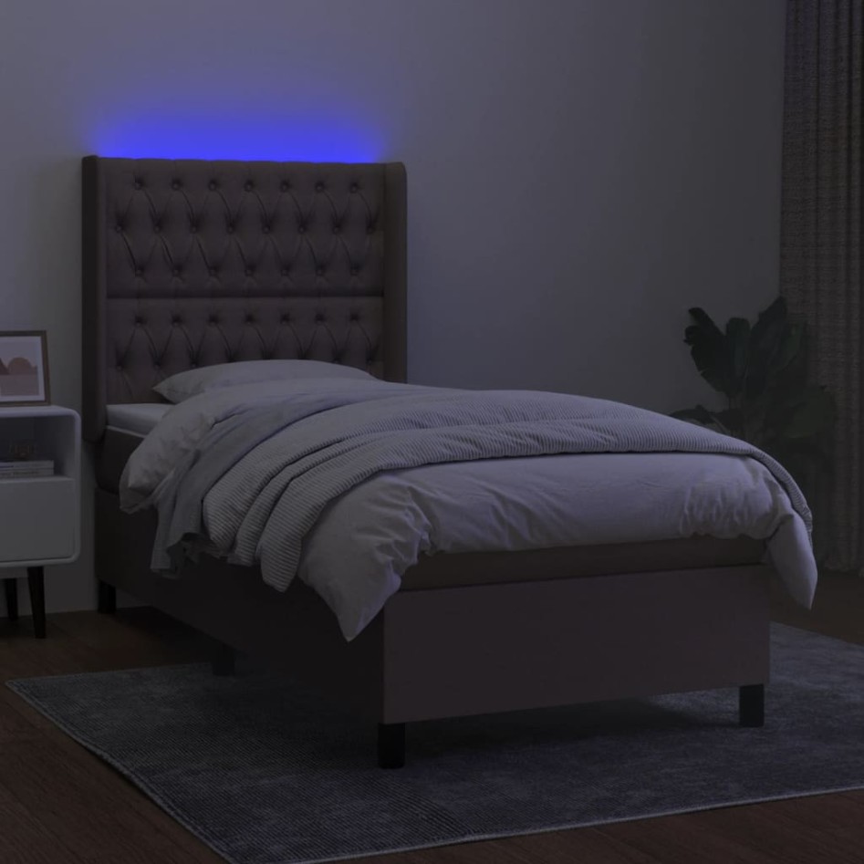 Cama box spring colchón y luces LED tela gris taupe 90x190