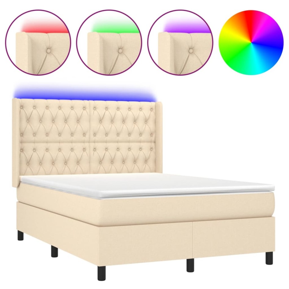 Cama box spring colchón y luces LED tela crema 140x190