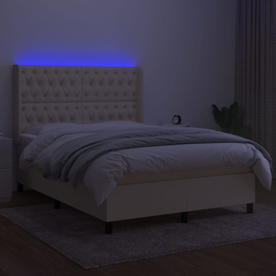 Cama box spring colchón y luces LED tela crema 140x190