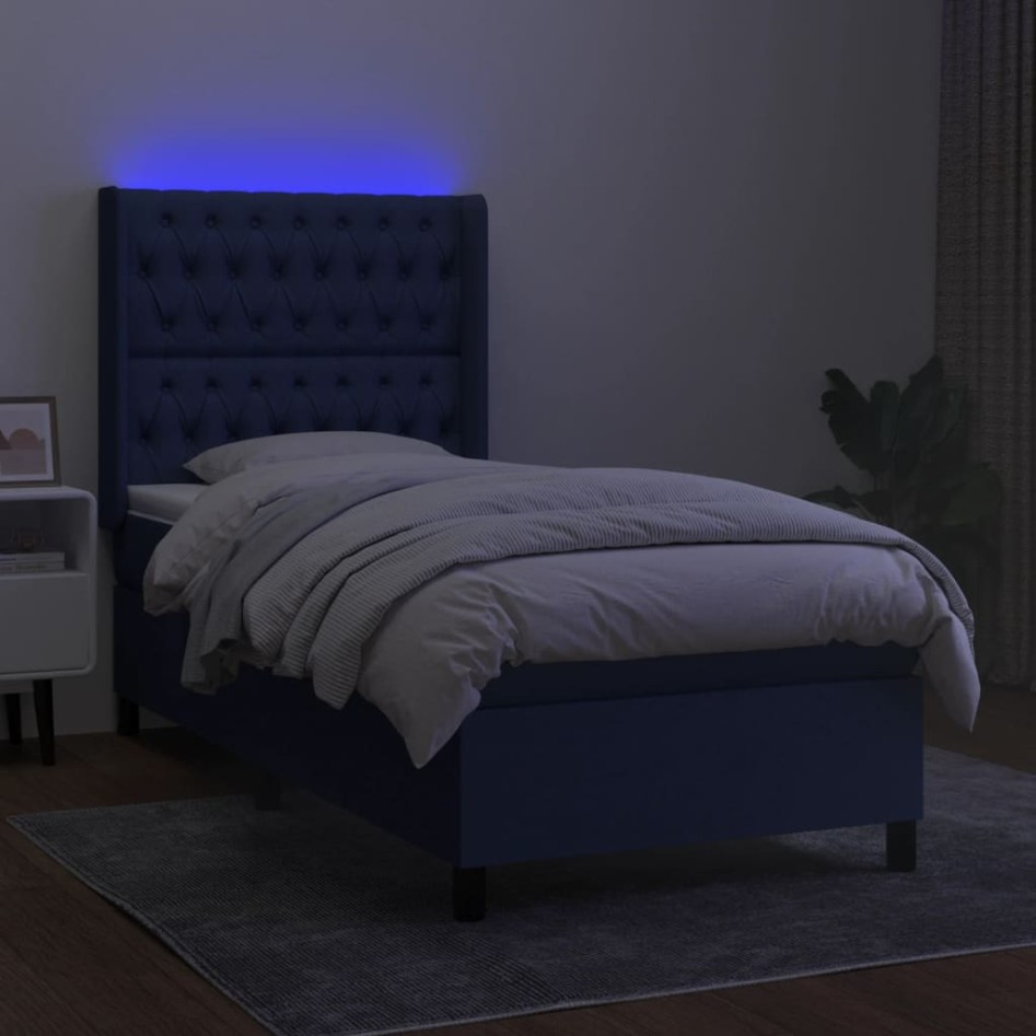 Cama box spring colchón y luces LED tela azul 90x190