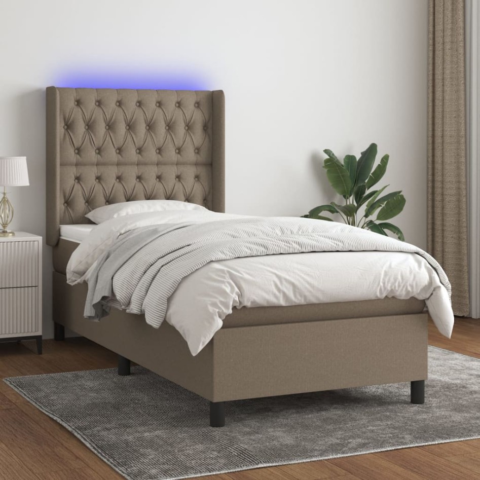 Cama box spring colchón y luces LED tela gris taupe 100x200