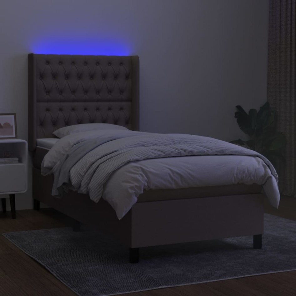 Cama box spring colchón y luces LED tela gris taupe 100x200