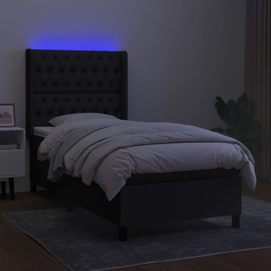 Cama box spring colchón y luces LED tela negro 100x200