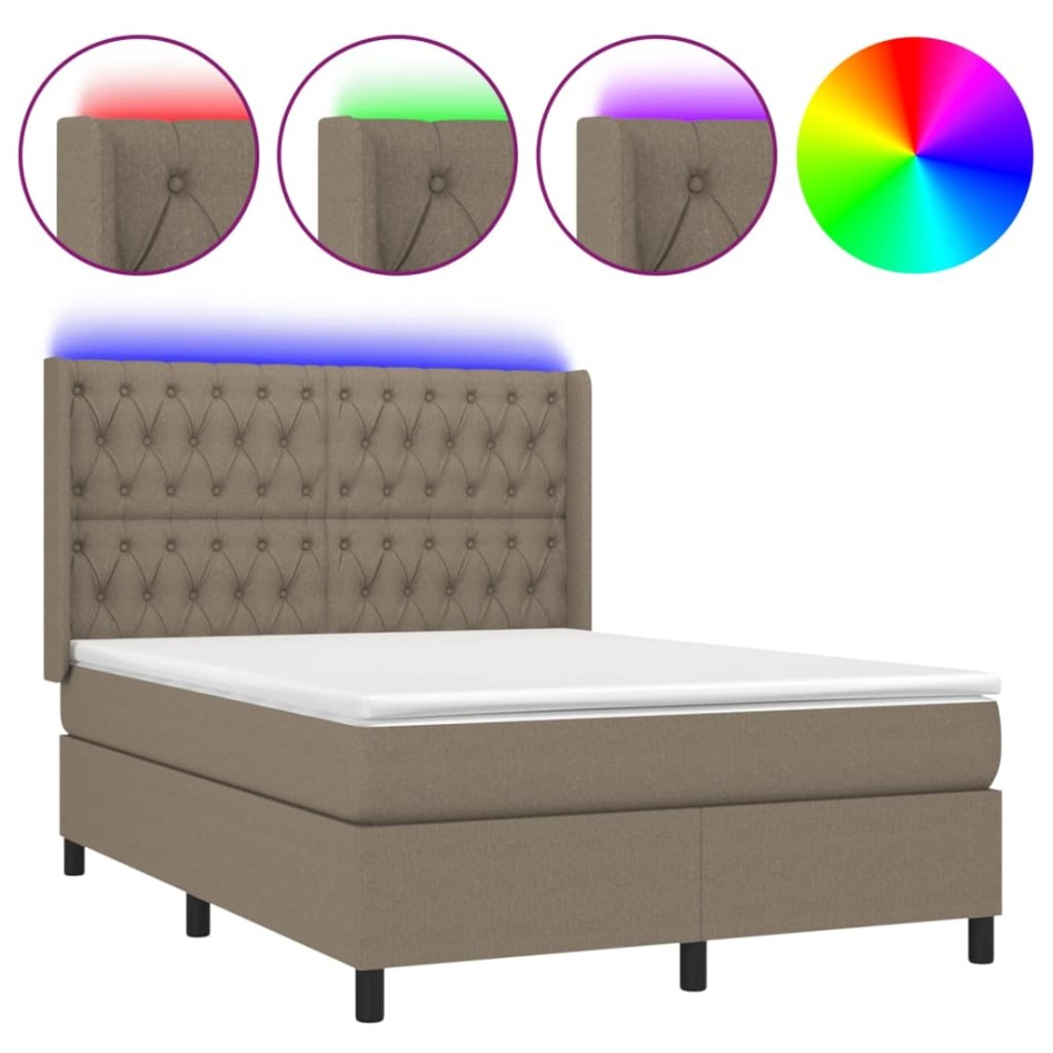 Cama box spring colchón y luces LED tela gris taupe 140x200