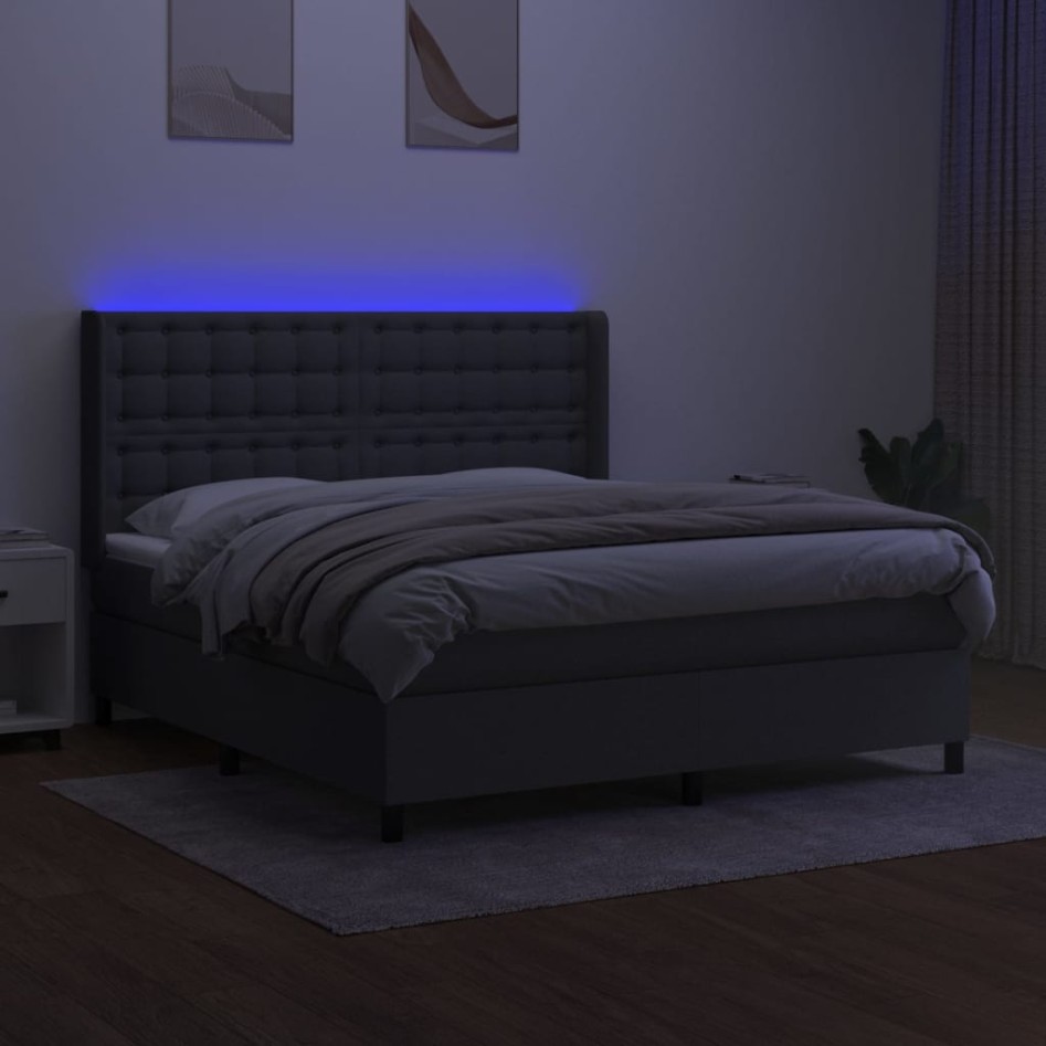 Cama box spring colchón y luces LED tela gris oscuro 160x200