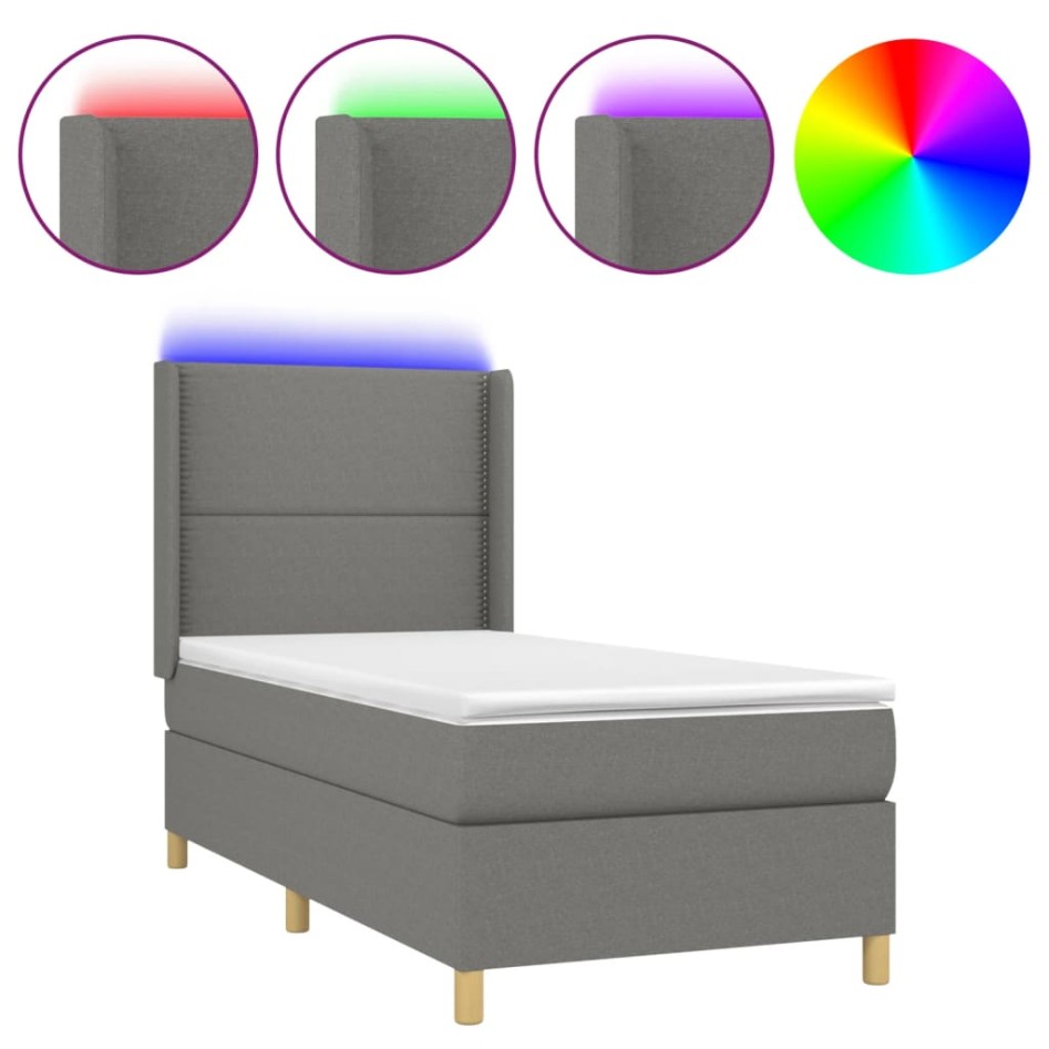 Cama box spring colchón y luces LED tela gris oscuro 100x200