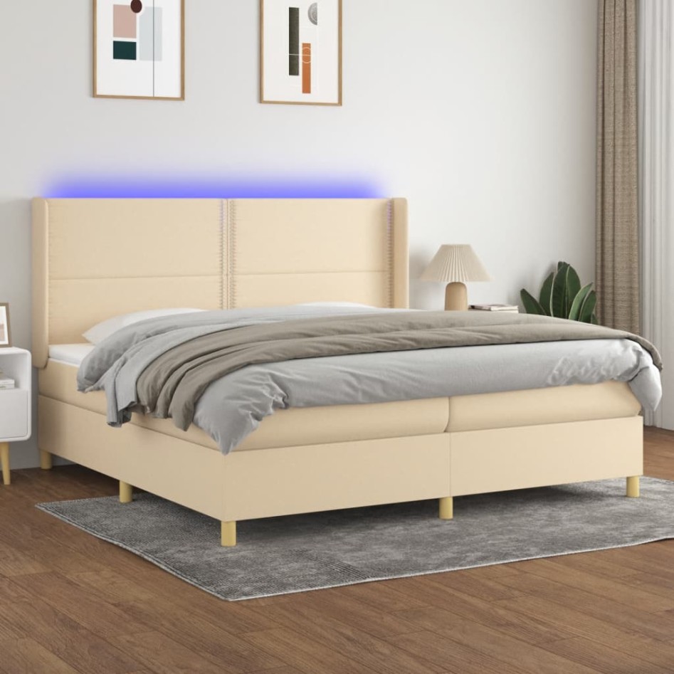 Cama box spring colchón y luces LED tela crema 200x200