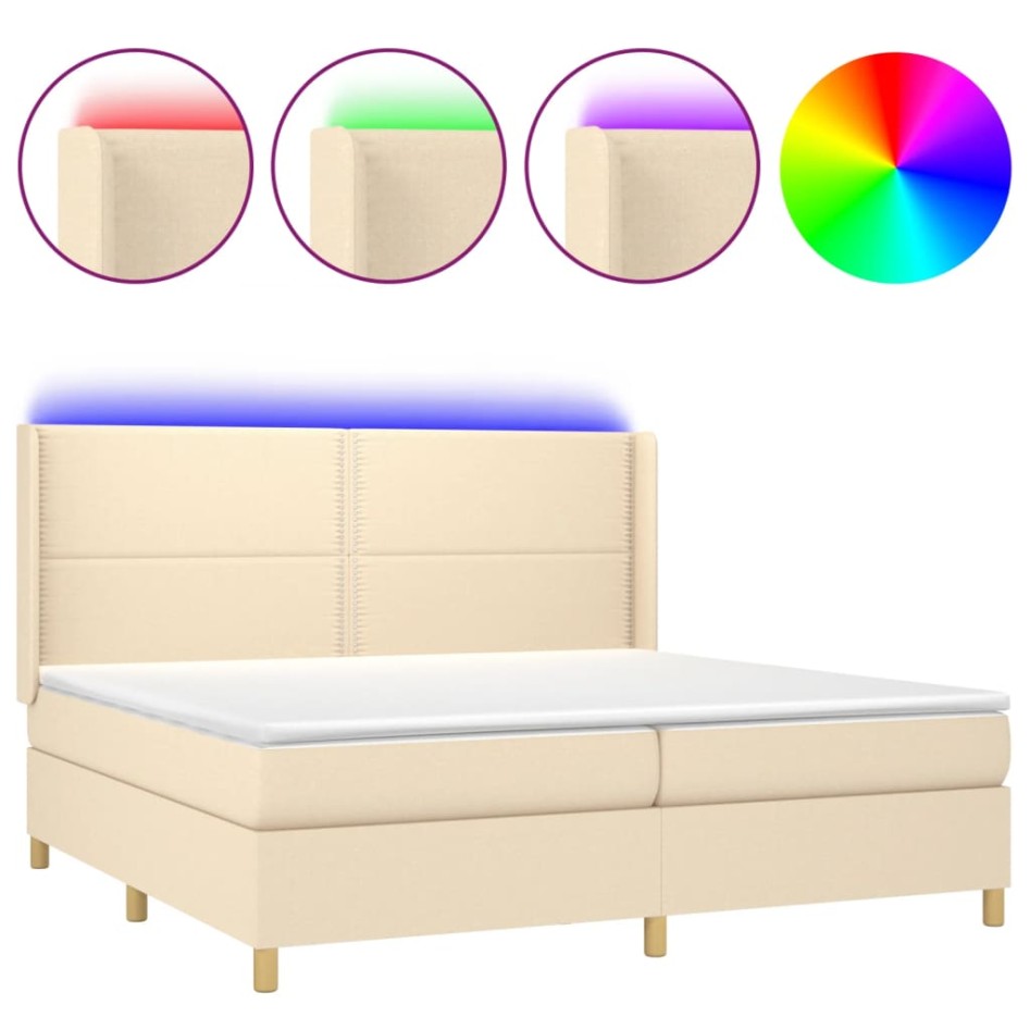 Cama box spring colchón y luces LED tela crema 200x200
