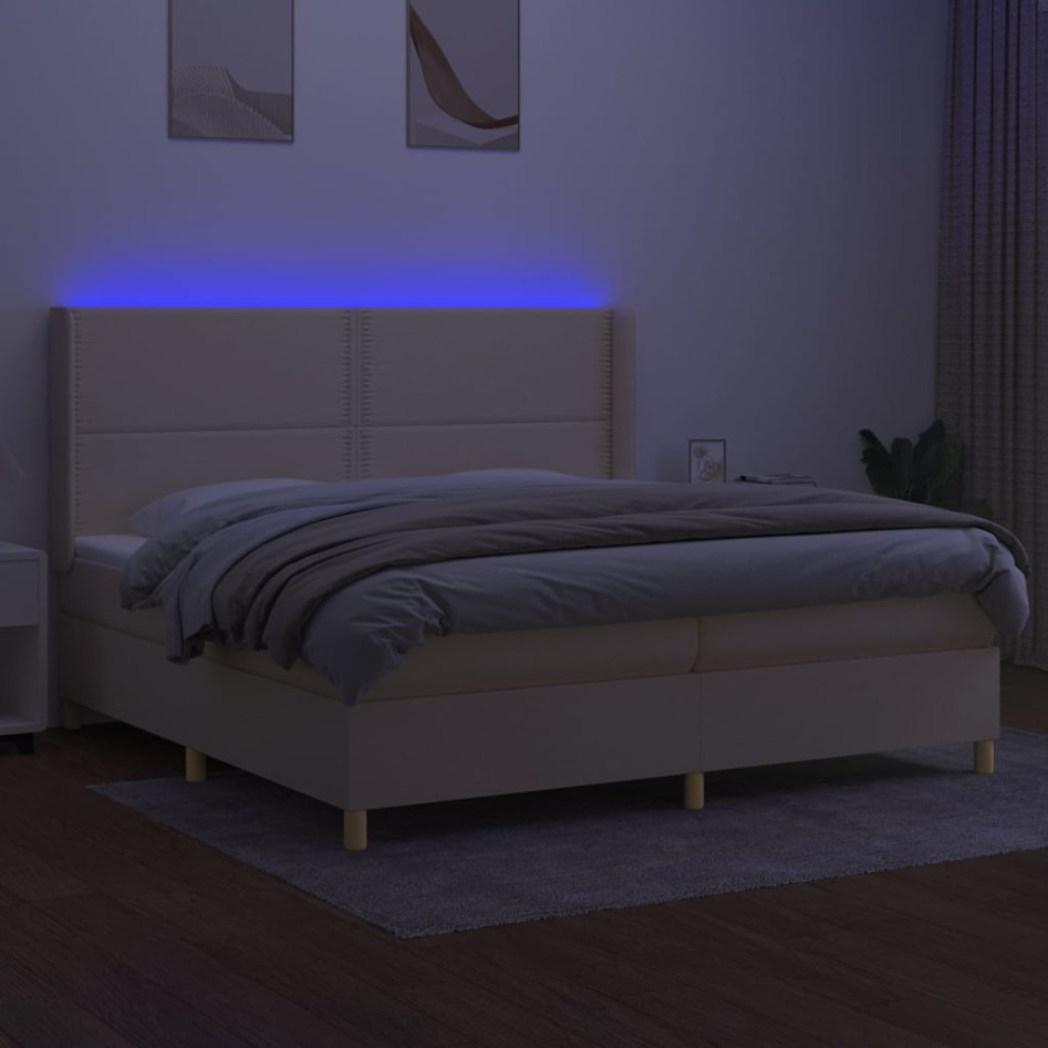 Cama box spring colchón y luces LED tela crema 200x200