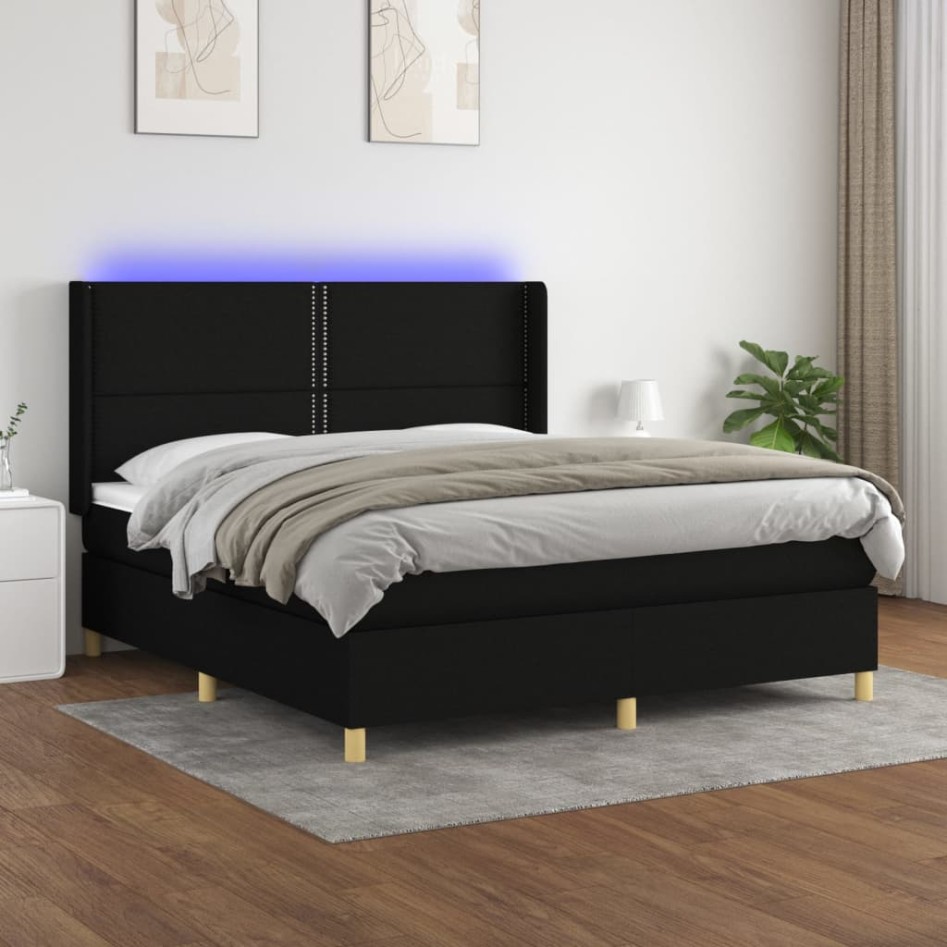Cama box spring colchón y luces LED tela negro 160x200