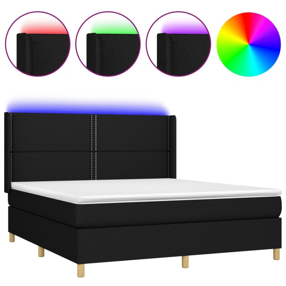 Cama box spring colchón y luces LED tela negro 160x200