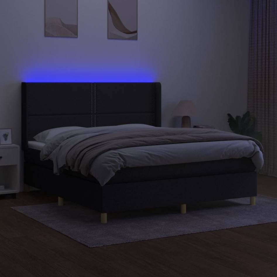 Cama box spring colchón y luces LED tela negro 160x200