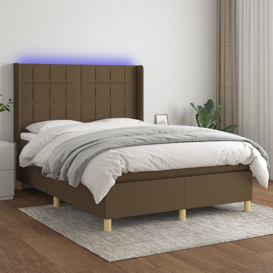 Cama box spring colchón luces LED tela marrón oscuro 140x190