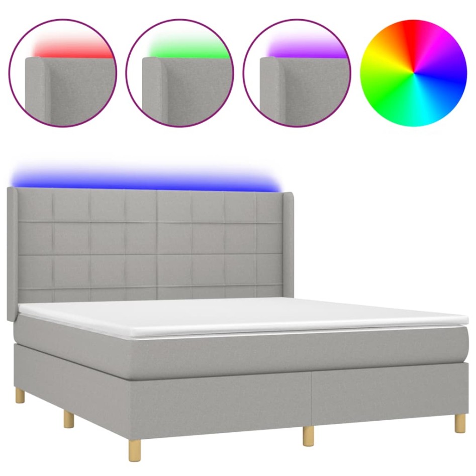 Cama box spring colchón y luces LED tela gris claro 160x200