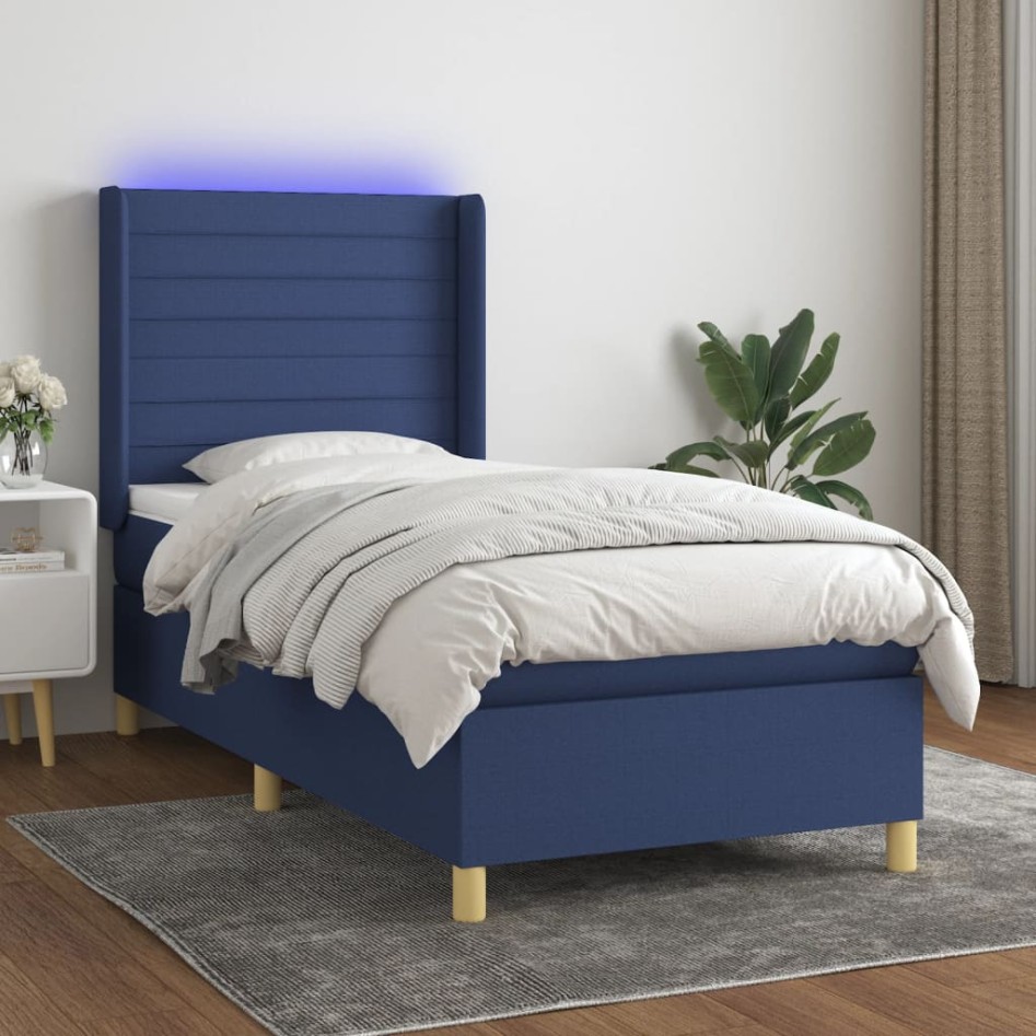 Cama box spring colchón y luces LED tela azul 90x190