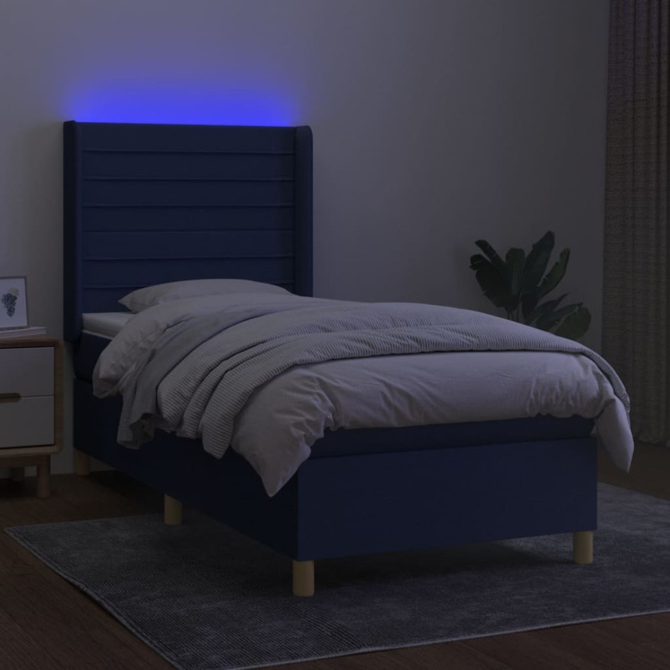 Cama box spring colchón y luces LED tela azul 90x190