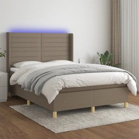 Cama box spring colchón y luces LED tela gris taupe 140x200