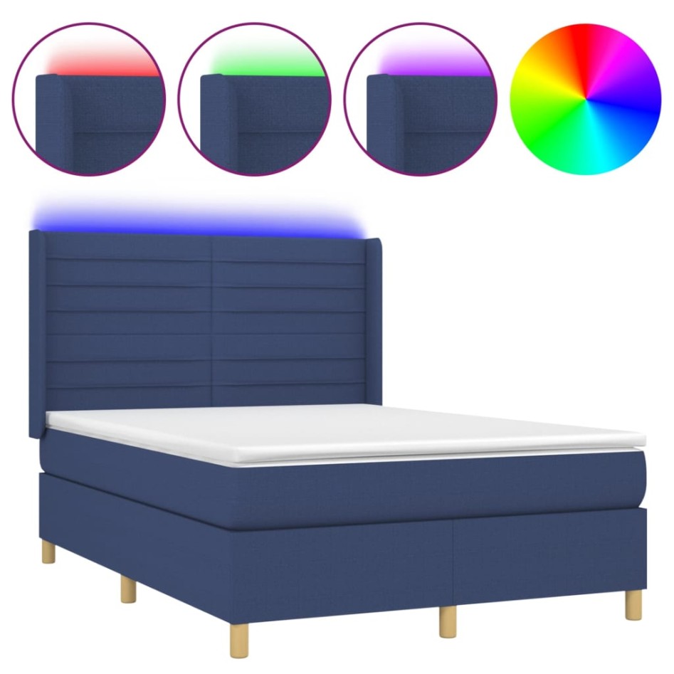 Cama box spring colchón y luces LED tela azul 140x200