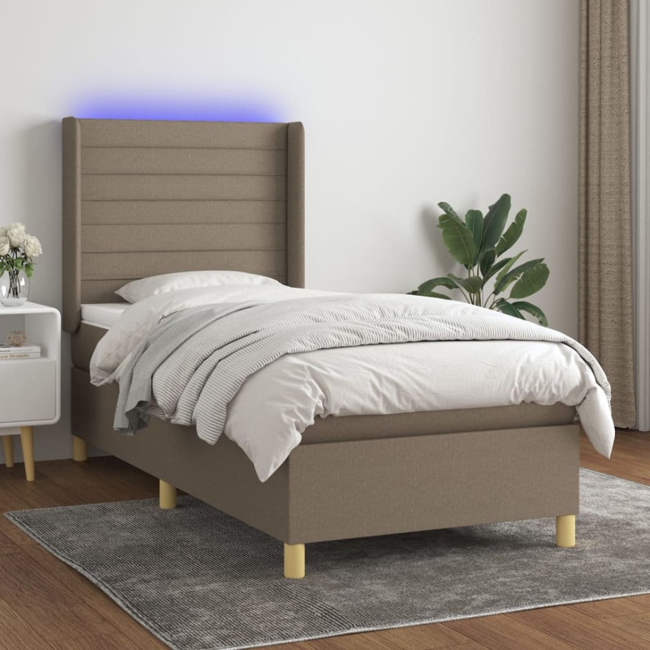 Cama box spring colchón y luces LED tela gris taupe 90x190