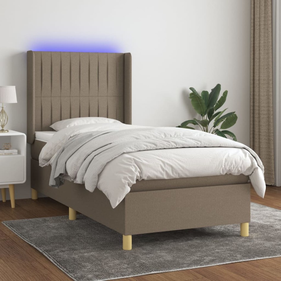 Cama box spring colchón y luces LED tela gris taupe 90x190
