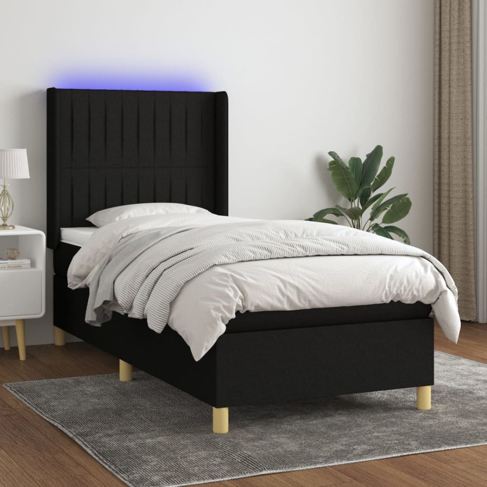 Cama box spring colchón y luces LED tela negro 100x200