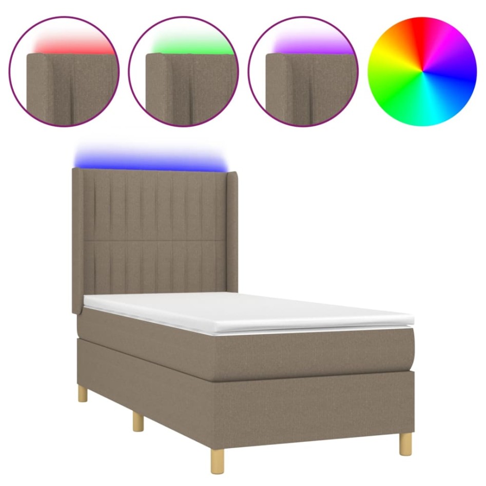 Cama box spring colchón y luces LED tela gris taupe 100x200