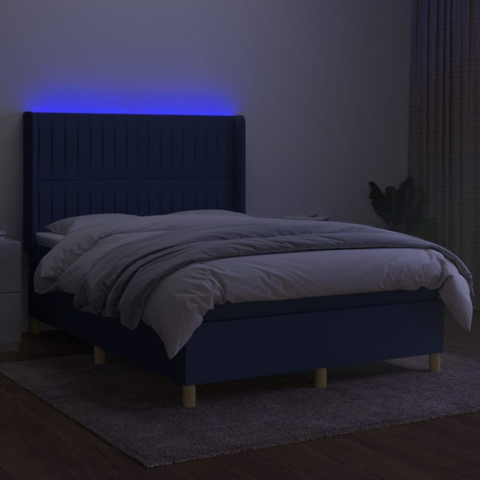 Cama box spring colchón y luces LED tela azul 140x200