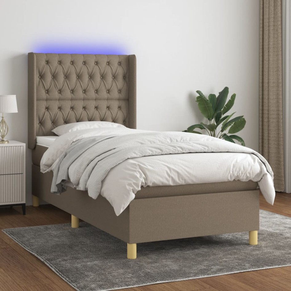 Cama box spring colchón y luces LED tela gris taupe 90x190