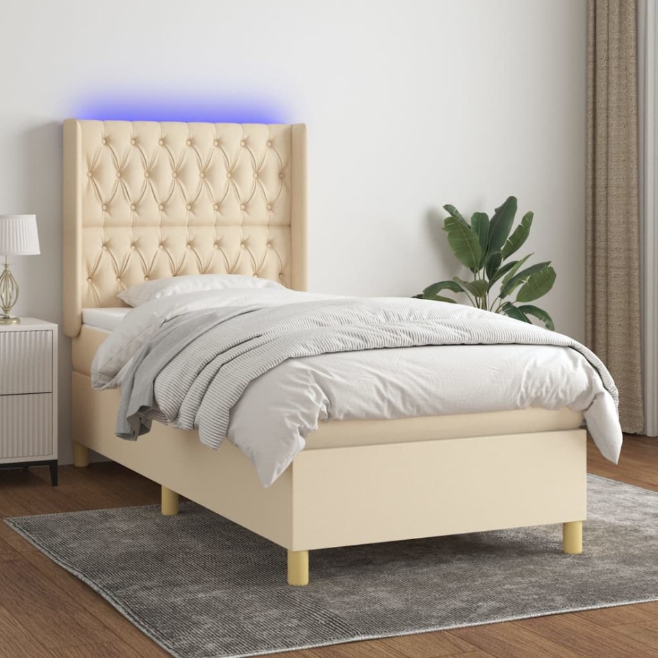 Cama box spring colchón y luces LED tela crema 80x200