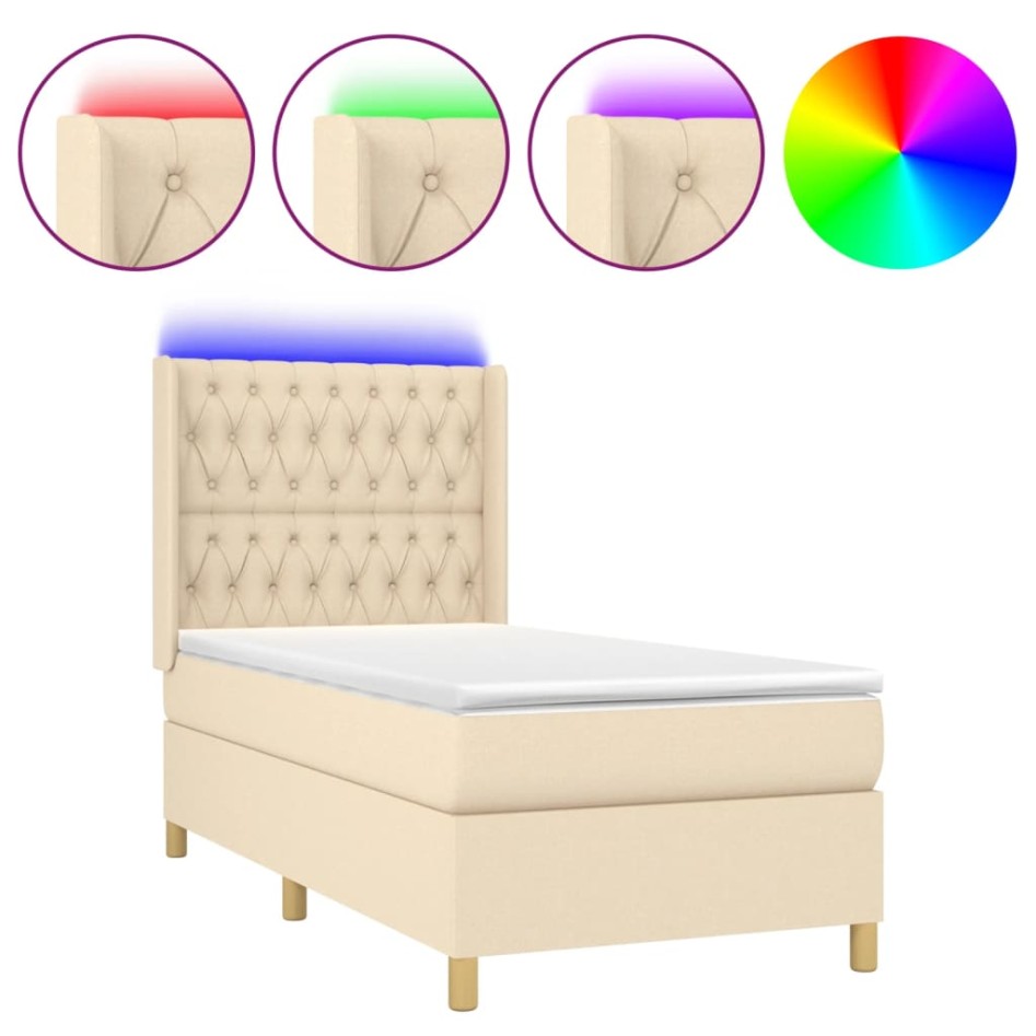 Cama box spring colchón y luces LED tela crema 80x200