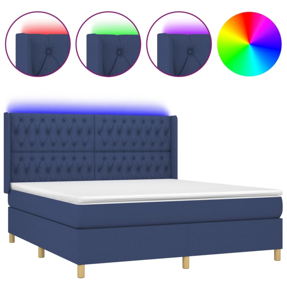 Cama box spring colchón y luces LED tela azul 160x200