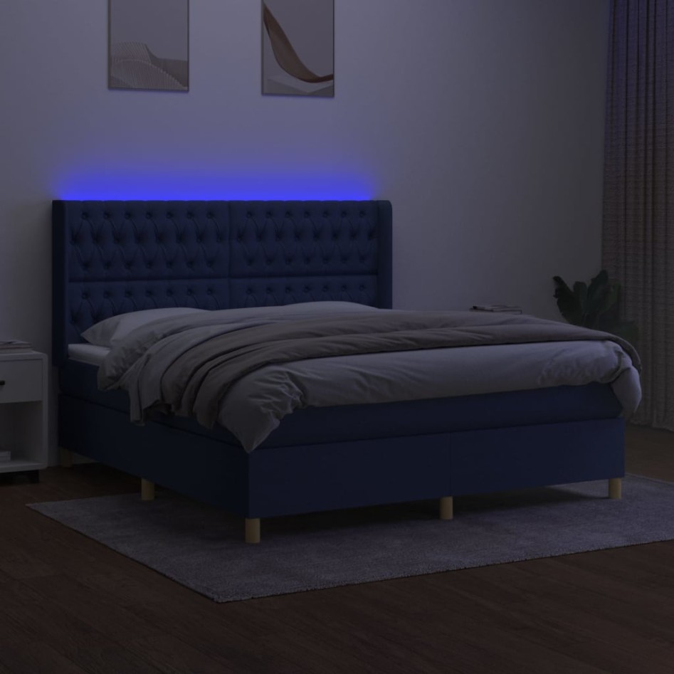 Cama box spring colchón y luces LED tela azul 160x200
