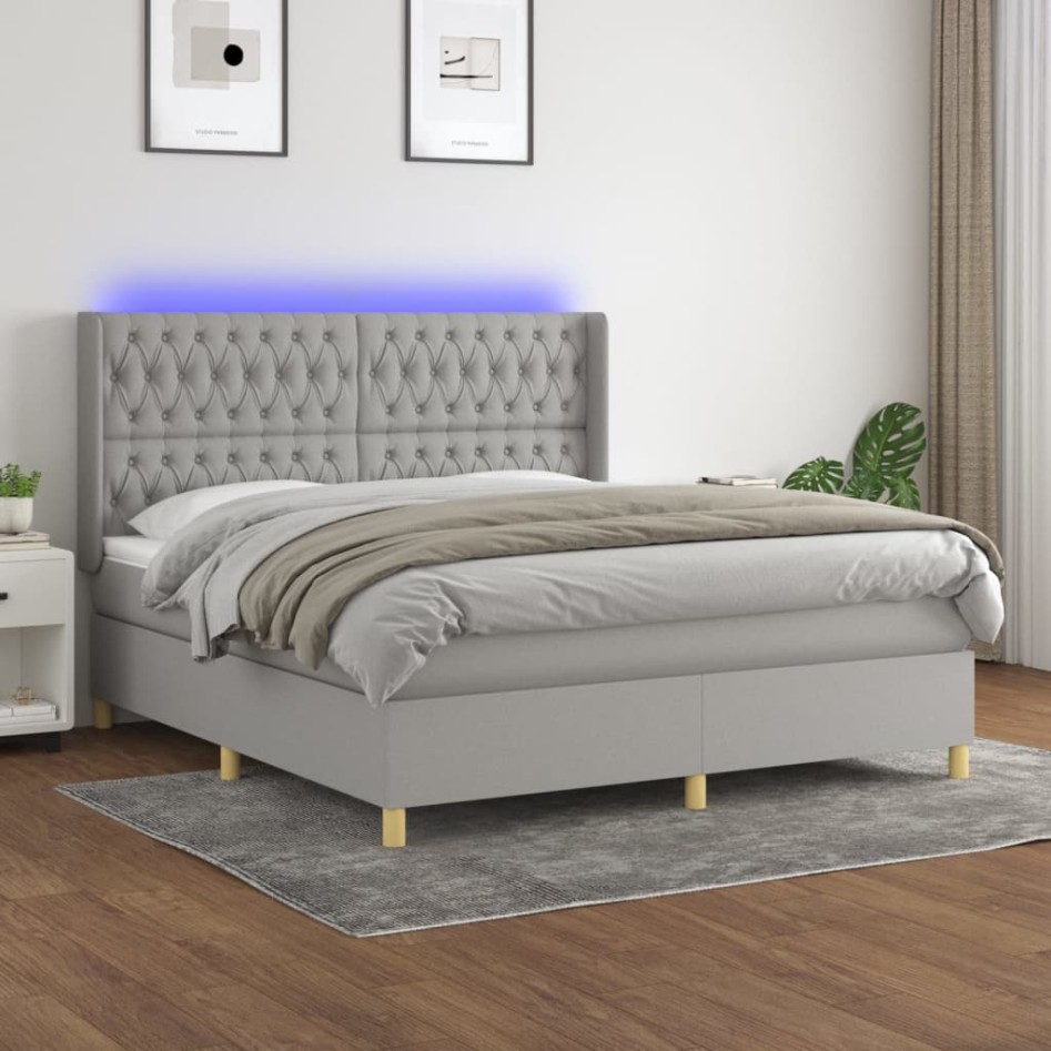 Cama box spring colchón y luces LED tela gris claro 160x200