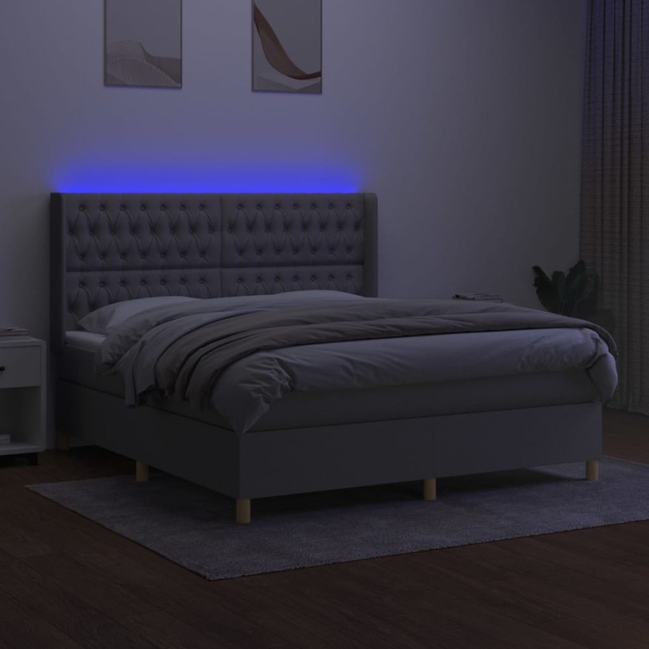 Cama box spring colchón y luces LED tela gris claro 160x200