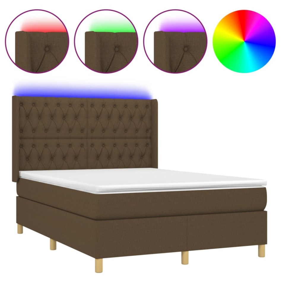 Cama box spring colchón luces LED tela marrón oscuro 140x190