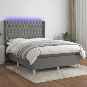 Cama box spring colchón y luces LED tela gris oscuro 140x190