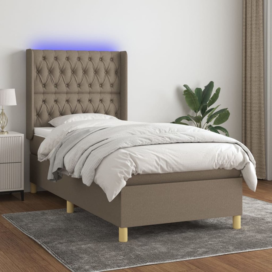 Cama box spring colchón y luces LED tela gris taupe 100x200