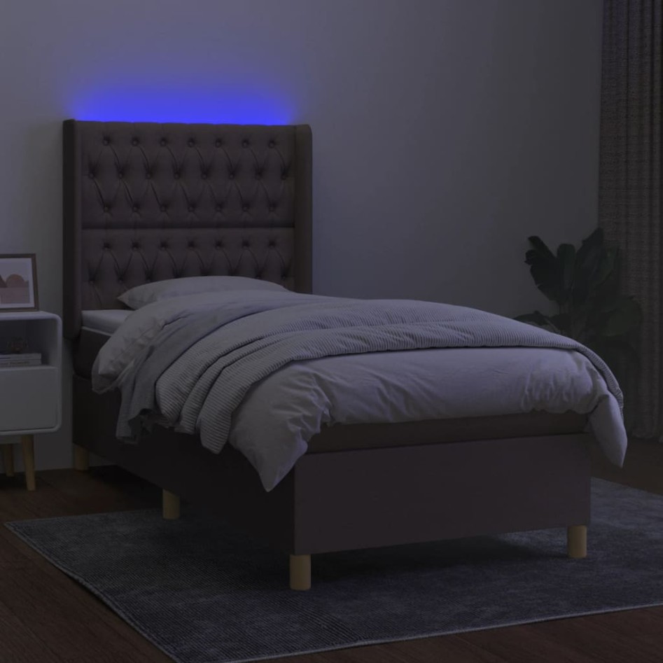 Cama box spring colchón y luces LED tela gris taupe 100x200
