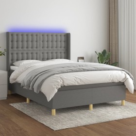 Cama box spring colchón y luces LED tela gris oscuro 140x190