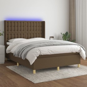 Cama box spring colchón luces LED tela marrón oscuro 140x190