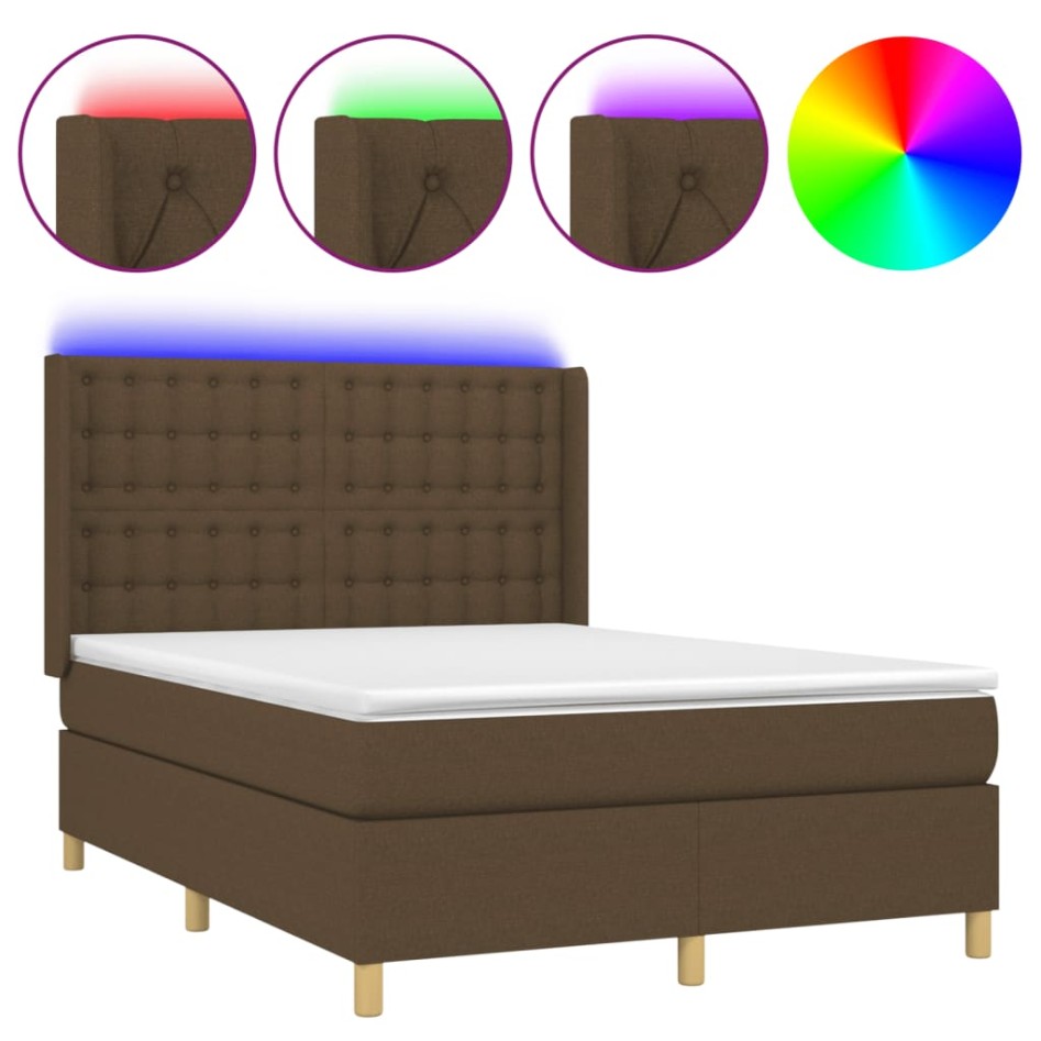 Cama box spring colchón luces LED tela marrón oscuro 140x190