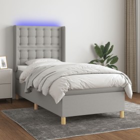 Cama box spring colchón y luces LED tela gris claro 90x200