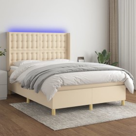 Cama box spring colchón y luces LED tela crema 140x200