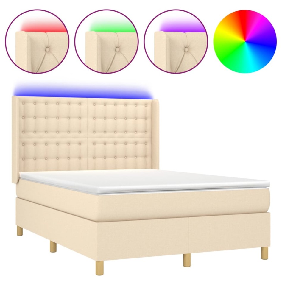 Cama box spring colchón y luces LED tela crema 140x200