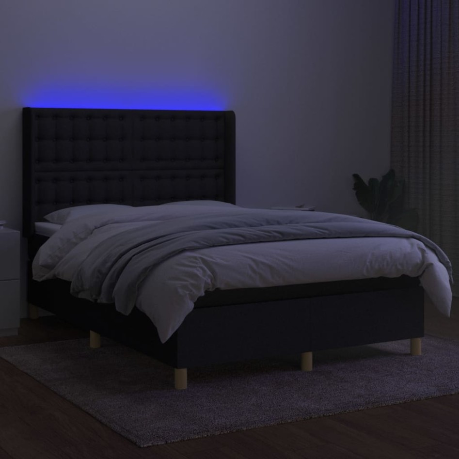 Cama box spring colchón y luces LED tela negro 140x200